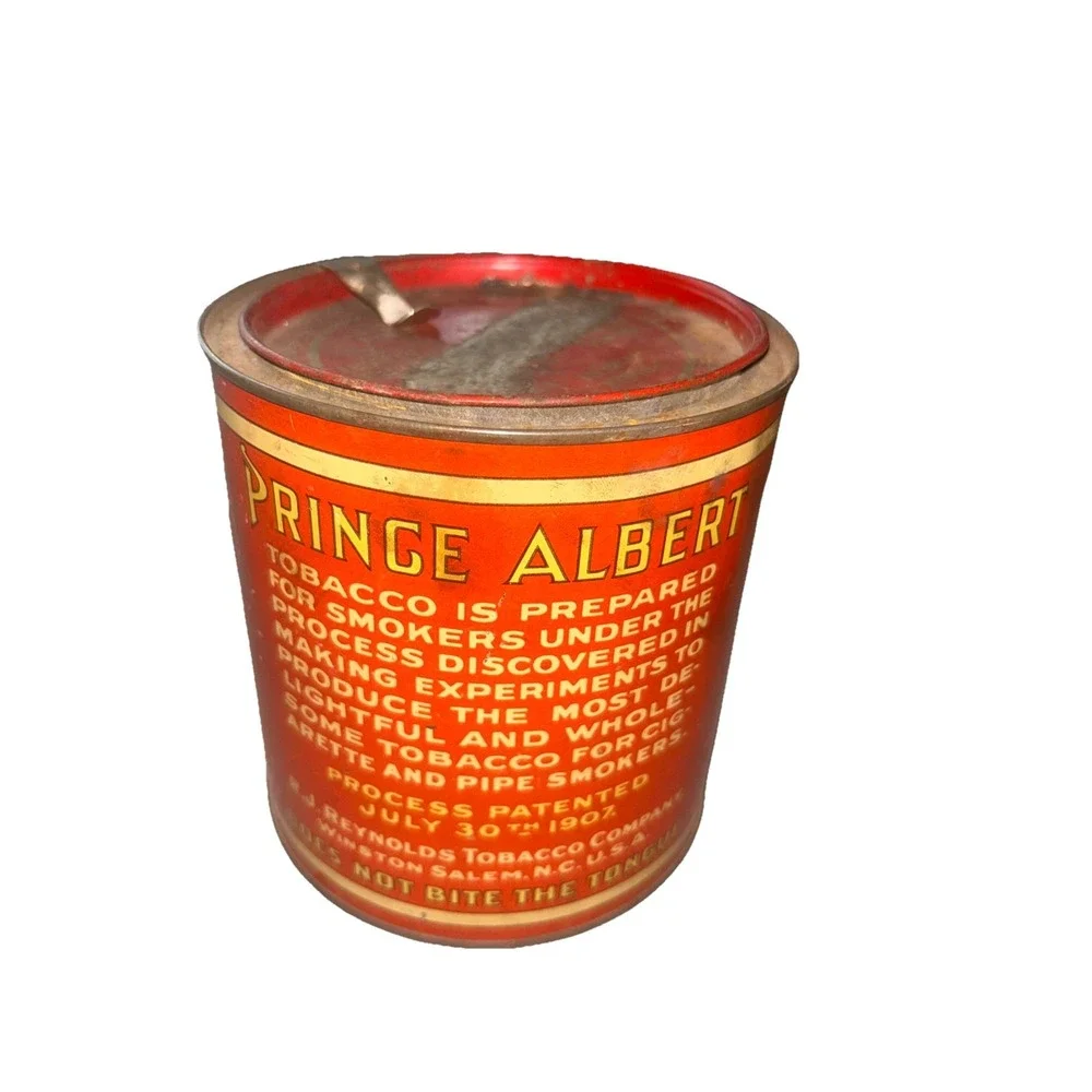 VINTAGE PRINCE ALBERT CRIMP CUT TOBACCO  EMPTY STORAGE TIN RED/WHITE DECORATIVE